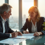 Homme et femme discutant d'investissement dans un bureau moderne