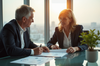 Homme et femme discutant d'investissement dans un bureau moderne