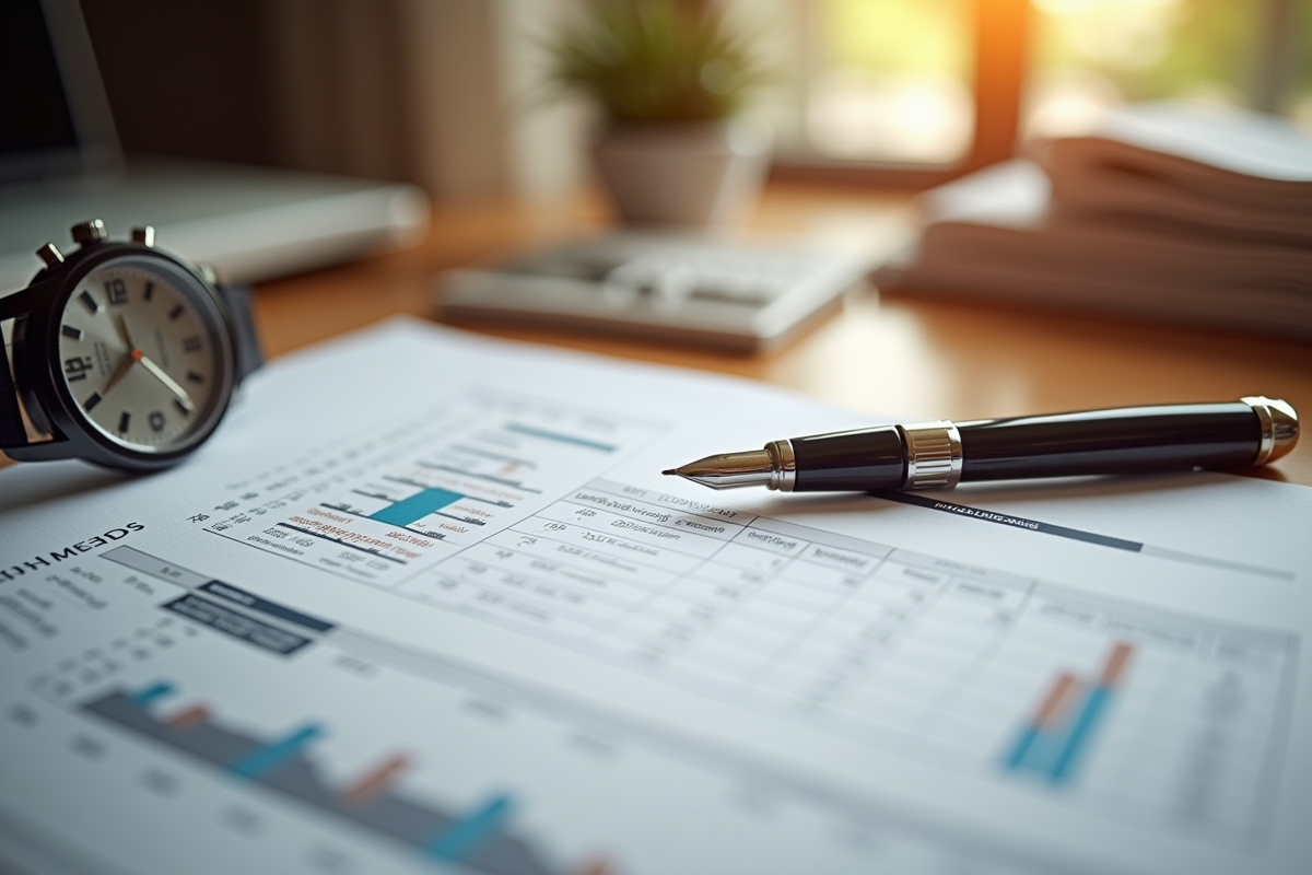 Détails de documents financiers avec stylo montre et modèles