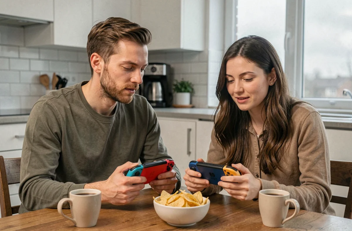 Deux adultes jouant chacun à Pokémon sur leur Nintendo Switch autour d'une table de cuisine moderne un jour de weekend