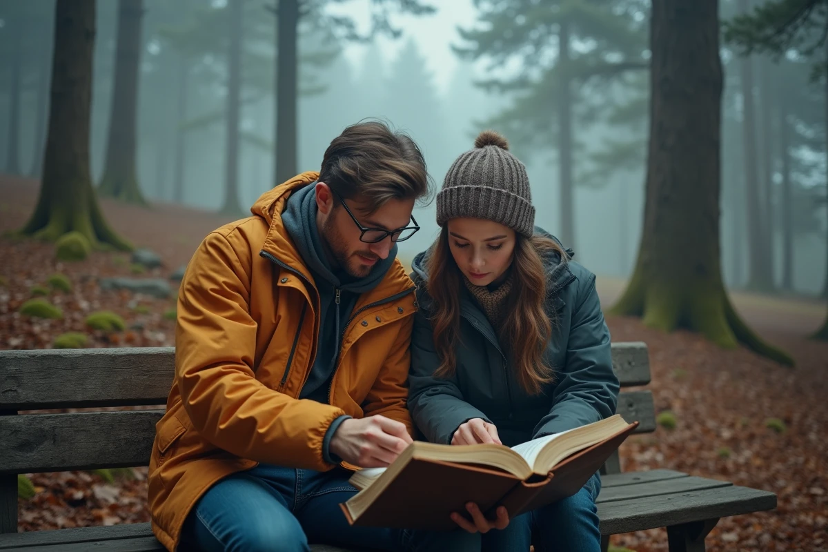 Deux explorateurs consultant un codex illustré en forêt pour profiter pleinement de l'aventure Clair Obscur Expedition 33