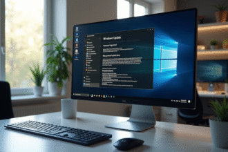 Ecran d'ordinateur affichant une mise à jour Windows en cours