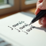 Main écrivant j'aurais et j'aurai sur un bloc-notes blanc