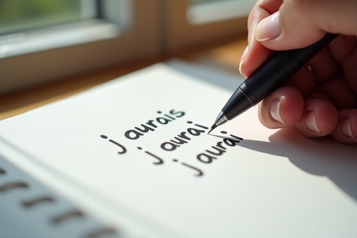 Main écrivant j'aurais et j'aurai sur un bloc-notes blanc