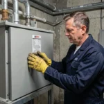 Électricien inspectant un transformateur abaisseur 380V en 220V dans un local technique industriel
