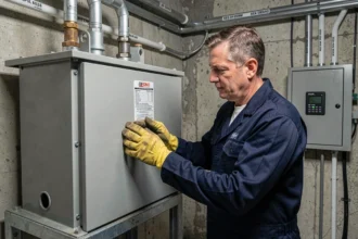 Électricien inspectant un transformateur abaisseur 380V en 220V dans un local technique industriel