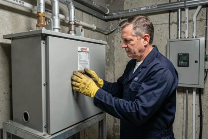 Électricien inspectant un transformateur abaisseur 380V en 220V dans un local technique industriel
