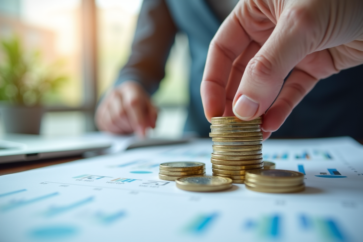 Main empilant des pièces d euro sur des rapports financiers