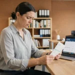 Employée à temps partiel examinant sa fiche de paie lors d'un jour férié dans un bureau moderne