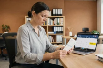 Employée à temps partiel examinant sa fiche de paie lors d'un jour férié dans un bureau moderne