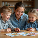 Enfants et maman découvrant des pièces et billets euro