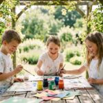 Enfants peignant à l'aquarelle lors d'un atelier créatif estival en plein air