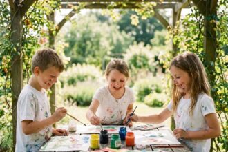 Enfants peignant à l'aquarelle lors d'un atelier créatif estival en plein air
