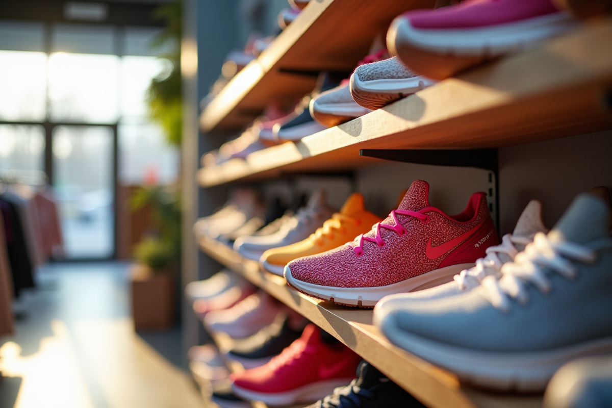 Vaste sélection de chaussures de sport pour femmes sur étagères lumineuses