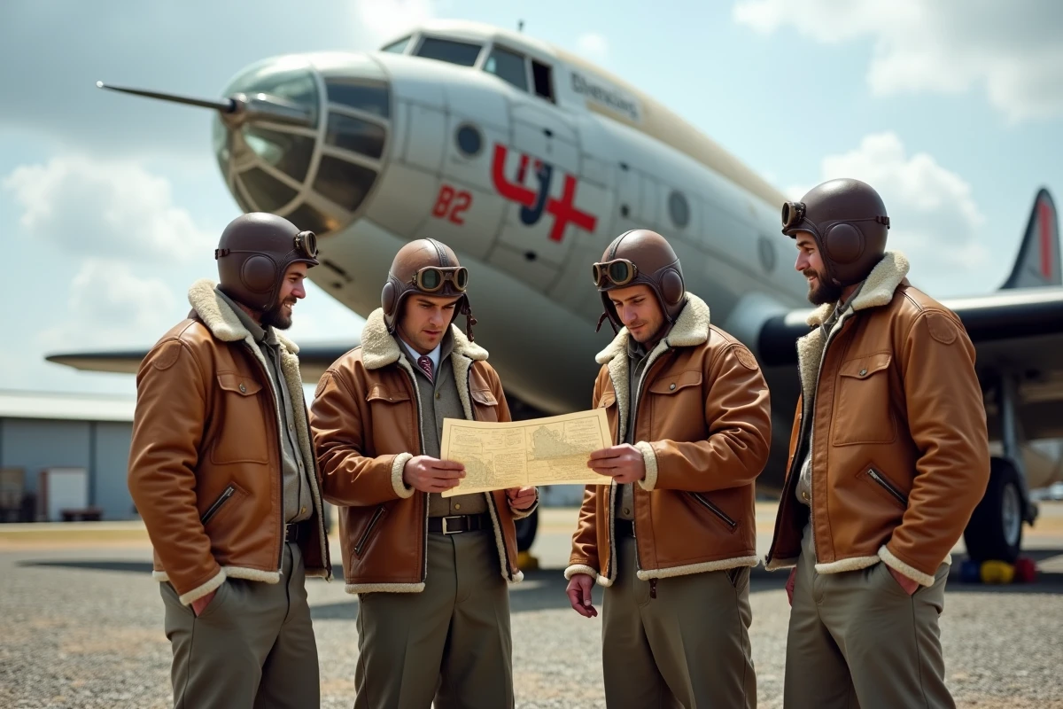 Groupe de passionnés en uniformes de l'US Army Air Forces devant le nez d'un Boeing B-17F dans un musée aéronautique, portant des vestes de vol A-2 et équipements authentiques