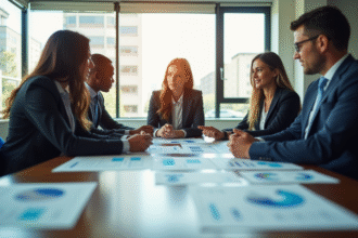 Groupe de professionnels collaborant dans un bureau lumineux