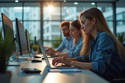 Équipe de jeunes professionnels collaborant dans un bureau moderne