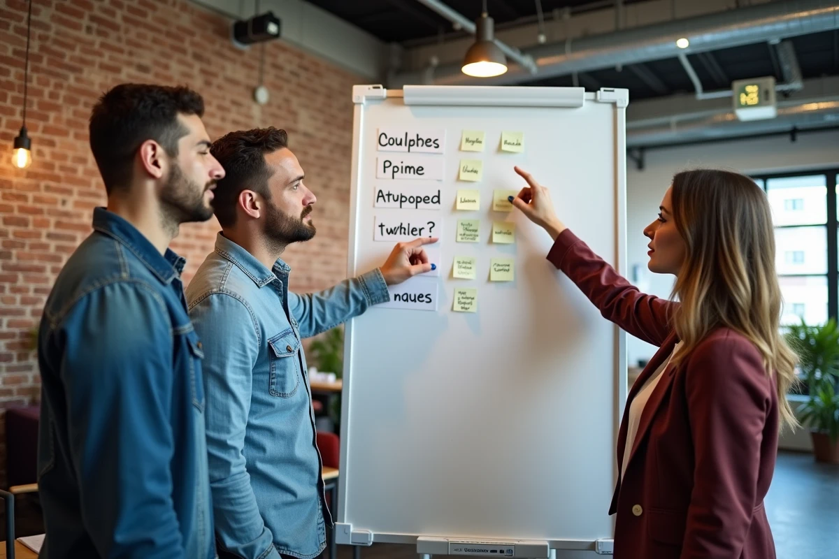 Équipe de professionnels débattant du nom d'une encyclopédie collaborative en ligne devant un tableau blanc couvert de notes et d'idées