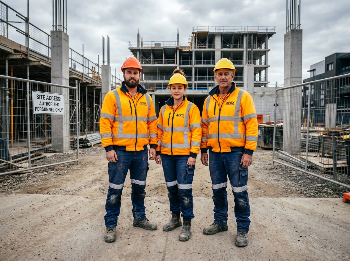 Équipe de trois ouvriers en bâtiment portant des vêtements de travail assortis haute visibilité devant un chantier de construction