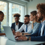 Groupe de professionnels collaborant dans un bureau lumineux
