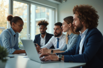 Groupe de professionnels collaborant dans un bureau lumineux