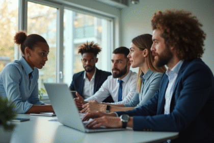 Groupe de professionnels collaborant dans un bureau lumineux