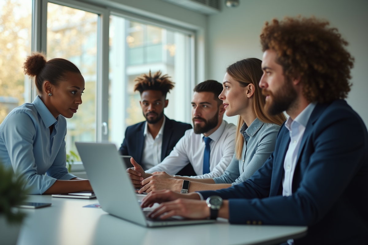 Groupe de professionnels collaborant dans un bureau lumineux