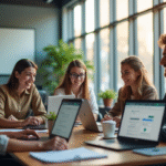 Groupe de personnel universitaire collaborant sur des ordinateurs avec Zimemail