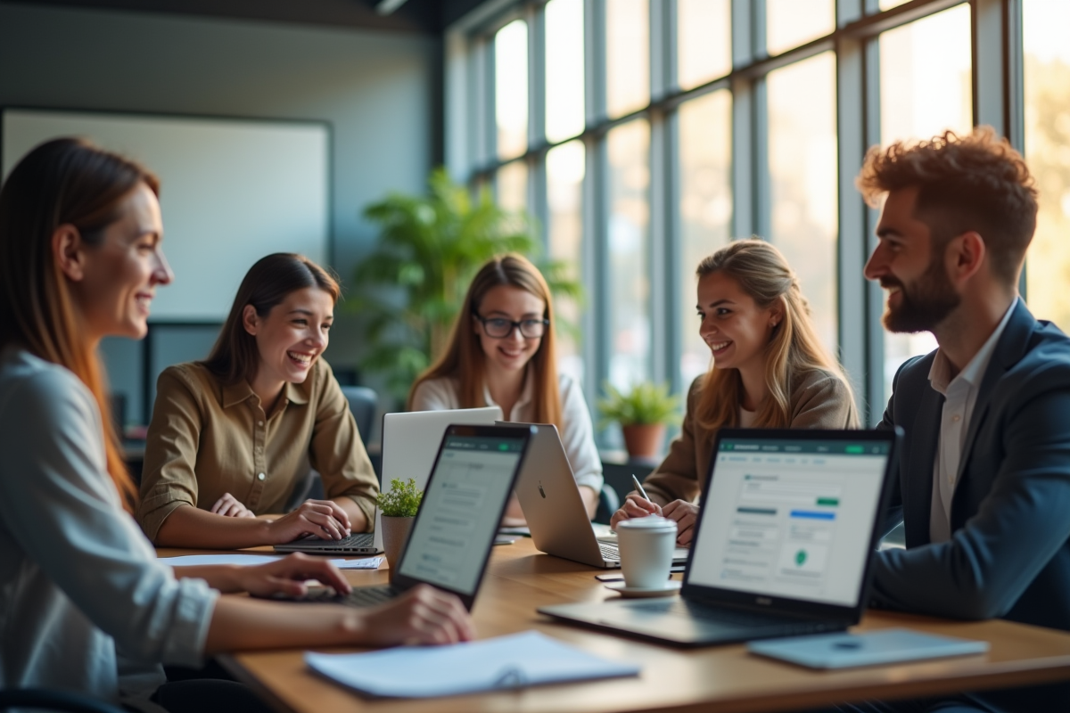 Groupe de personnel universitaire collaborant sur des ordinateurs avec Zimemail