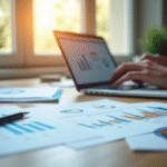 Espace de travail professionnel avec documents financiers et tablette