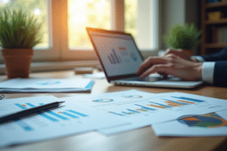 Espace de travail professionnel avec documents financiers et tablette