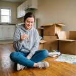 Jeune étudiante tenant des clés d'appartement entourée de cartons dans un studio à louer