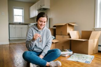 Jeune étudiante tenant des clés d'appartement entourée de cartons dans un studio à louer