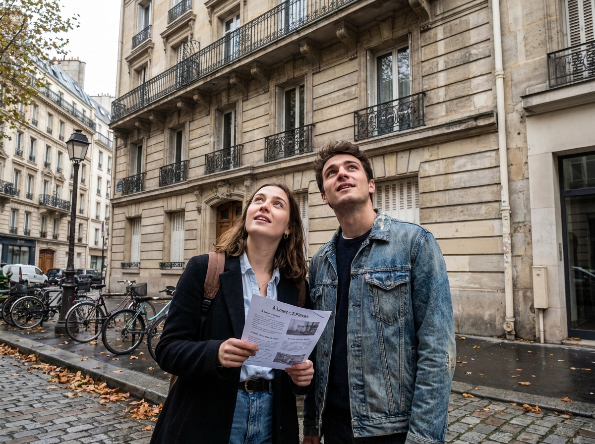 Deux étudiants devant un immeuble résidentiel urbain lors d'une visite de logement à louer