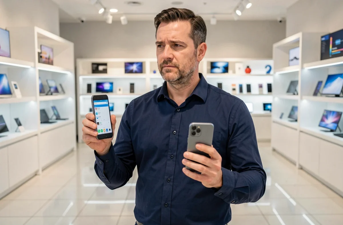 Homme tenant un ancien et un nouveau smartphone dans une boutique technologique moderne, symbolisant l'évolution des téléphones intelligents