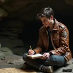 Explorateur consultant un journal de bord dans une grotte mystérieuse pour optimiser sa progression dans Clair Obscur Expedition 33