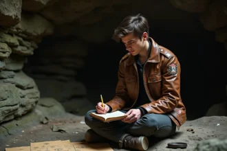 Explorateur consultant un journal de bord dans une grotte mystérieuse pour optimiser sa progression dans Clair Obscur Expedition 33
