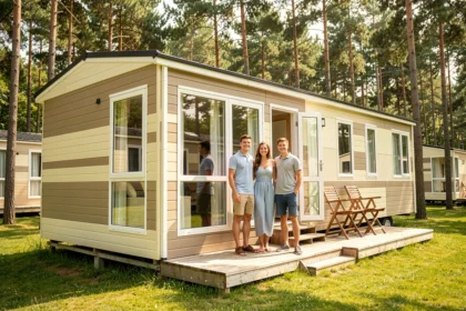 Famille devant un mobil-home moderne dans un camping entouré de pins, illustrant le rapport qualité-prix des marques de mobil-homes