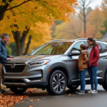 Famille avec SUV dans un quartier automnal