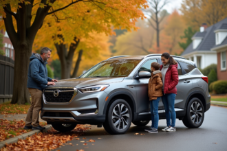 Famille avec SUV dans un quartier automnal