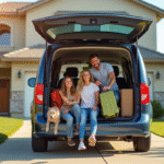Famille chargeant valises dans un minivan ensoleille devant une maison