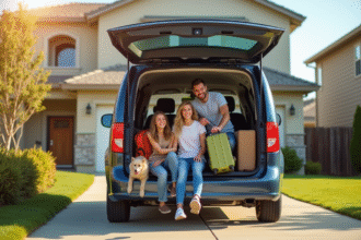 Famille chargeant valises dans un minivan ensoleille devant une maison