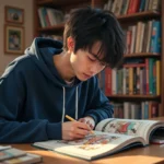 Fan de manga lisant le scan One Piece 1133 à son bureau entouré de volumes de manga