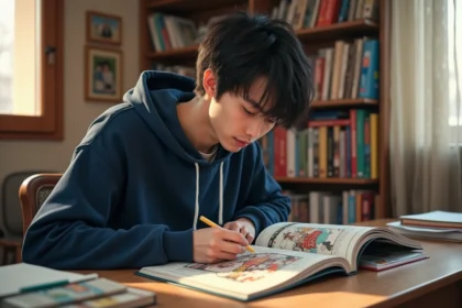 Fan de manga lisant le scan One Piece 1133 à son bureau entouré de volumes de manga