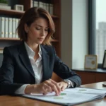 Femme d'affaires examinant des documents officiels dans un bureau