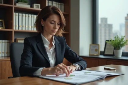 Femme d'affaires examinant des documents officiels dans un bureau