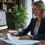Femme d'affaires en costume bleu examinant des documents de prêt immobilier