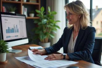 Femme d'affaires en costume bleu examinant des documents de prêt immobilier