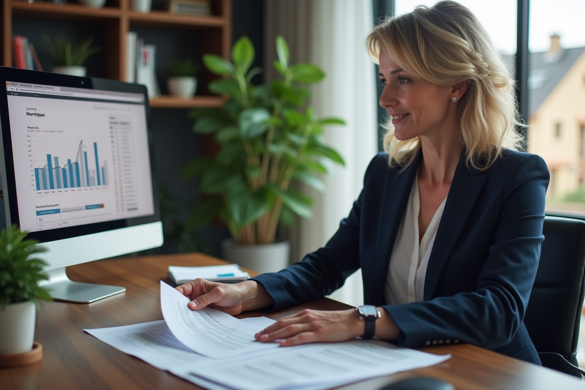Femme d'affaires en costume bleu examinant des documents de prêt immobilier