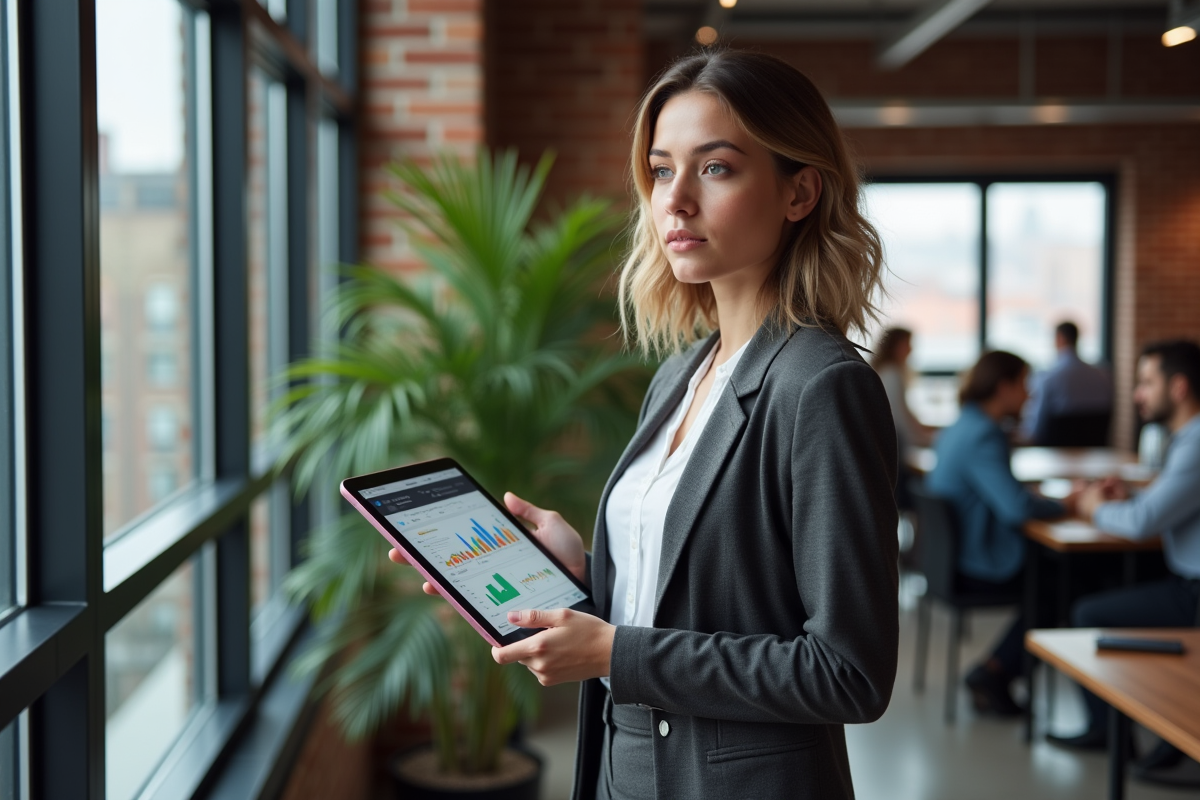 Jeune femme d affaires avec tablette dans espace de coworking